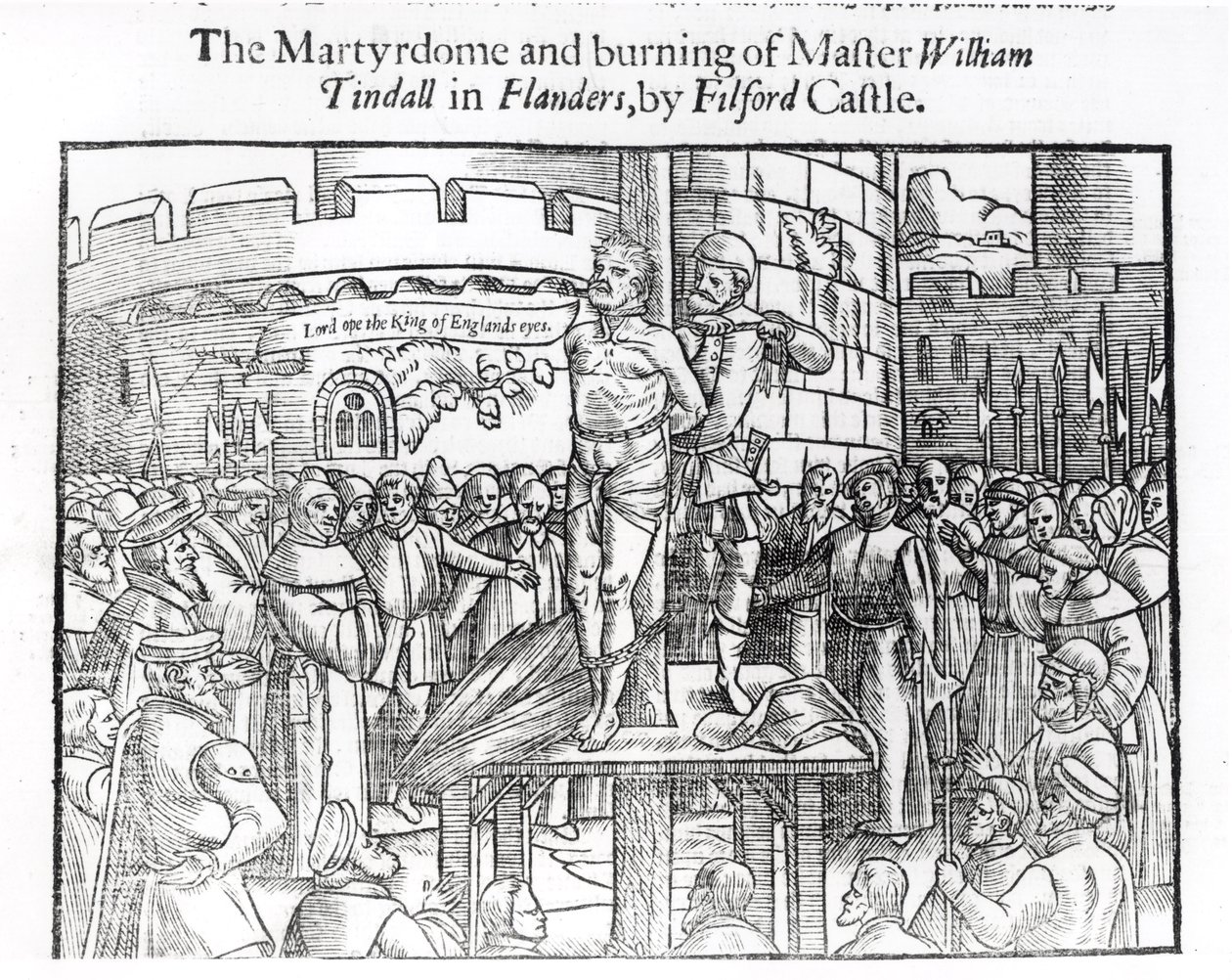 O Martydome e Burning do mestre William Tindall (c.1494-1536) em Flandres, pelo Castelo de Filford, de &39;Atos e Monumentos&39; por John Foxe (1516-87) 1563 de English School