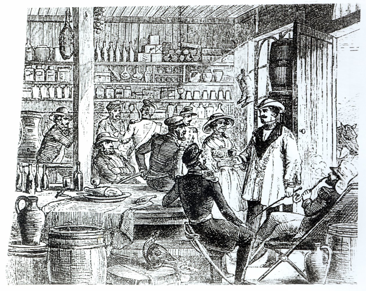 O Encontro de Maria Seacole (1805-1881) e Alexis Soyer (1810-1857) em seu bar do hotel, c.1855 de English School