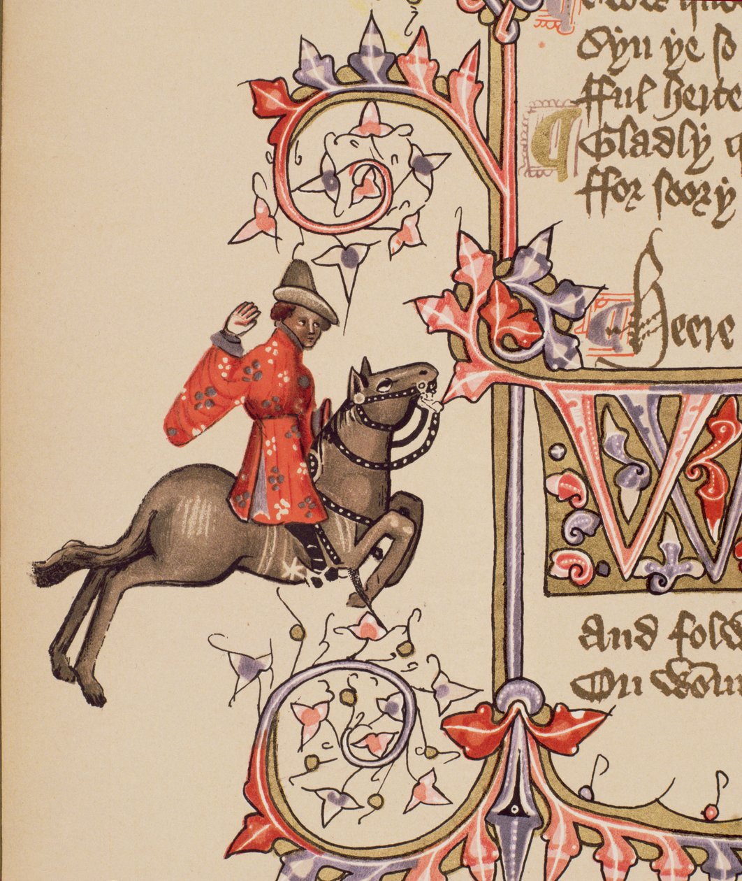 O Mercador, detalhe de The Canterbury Tales, por Geoffrey Chaucer (c.1342-1400) Ellesmere Manuscrito, edição de fac-símile, 1911 (para detalhes originais ver 128920) de English School