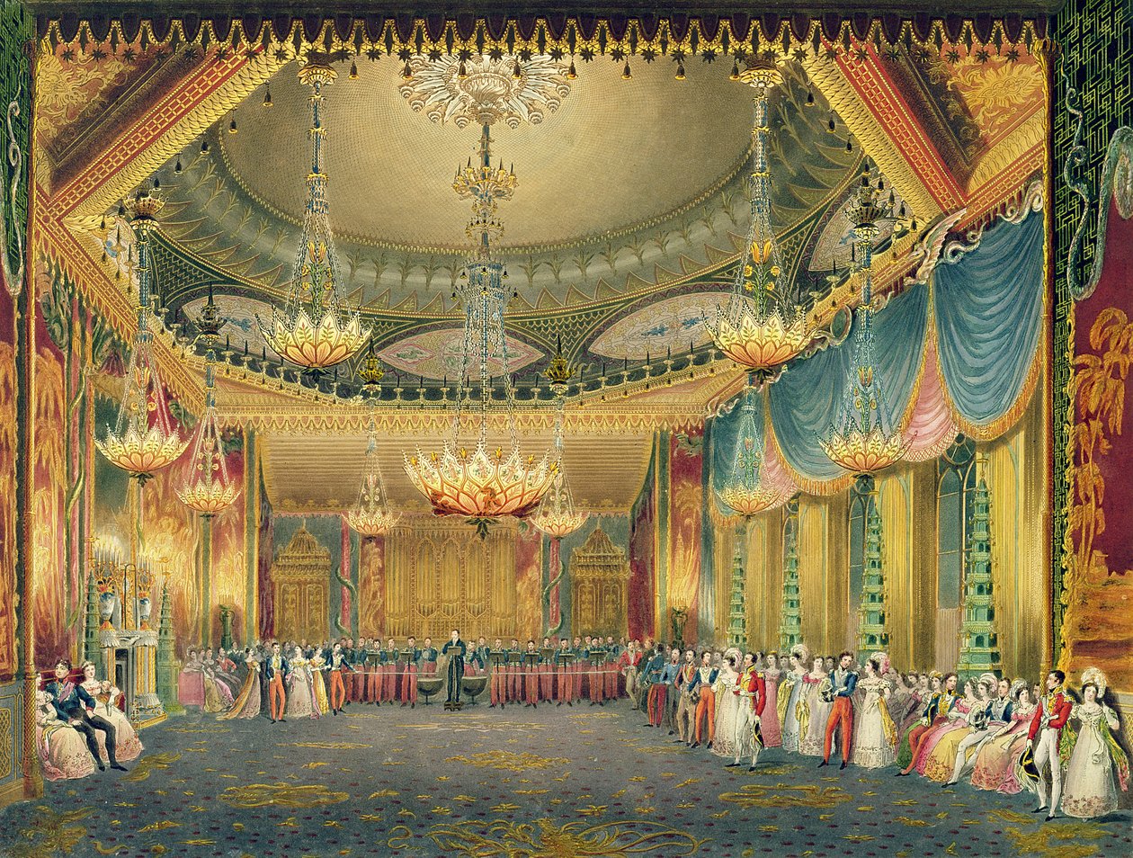 A sala de música, de vistas do Royal Pavilion, Brighton por John Nash (1752-1835) 1826 (aquatint) de English School
