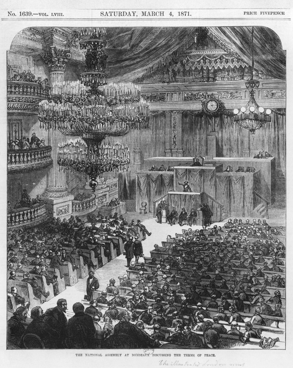 A Assembléia Nacional em Bordeaux discutindo os termos da paz, o 4 de março de 1871 (gravura bw) de English School