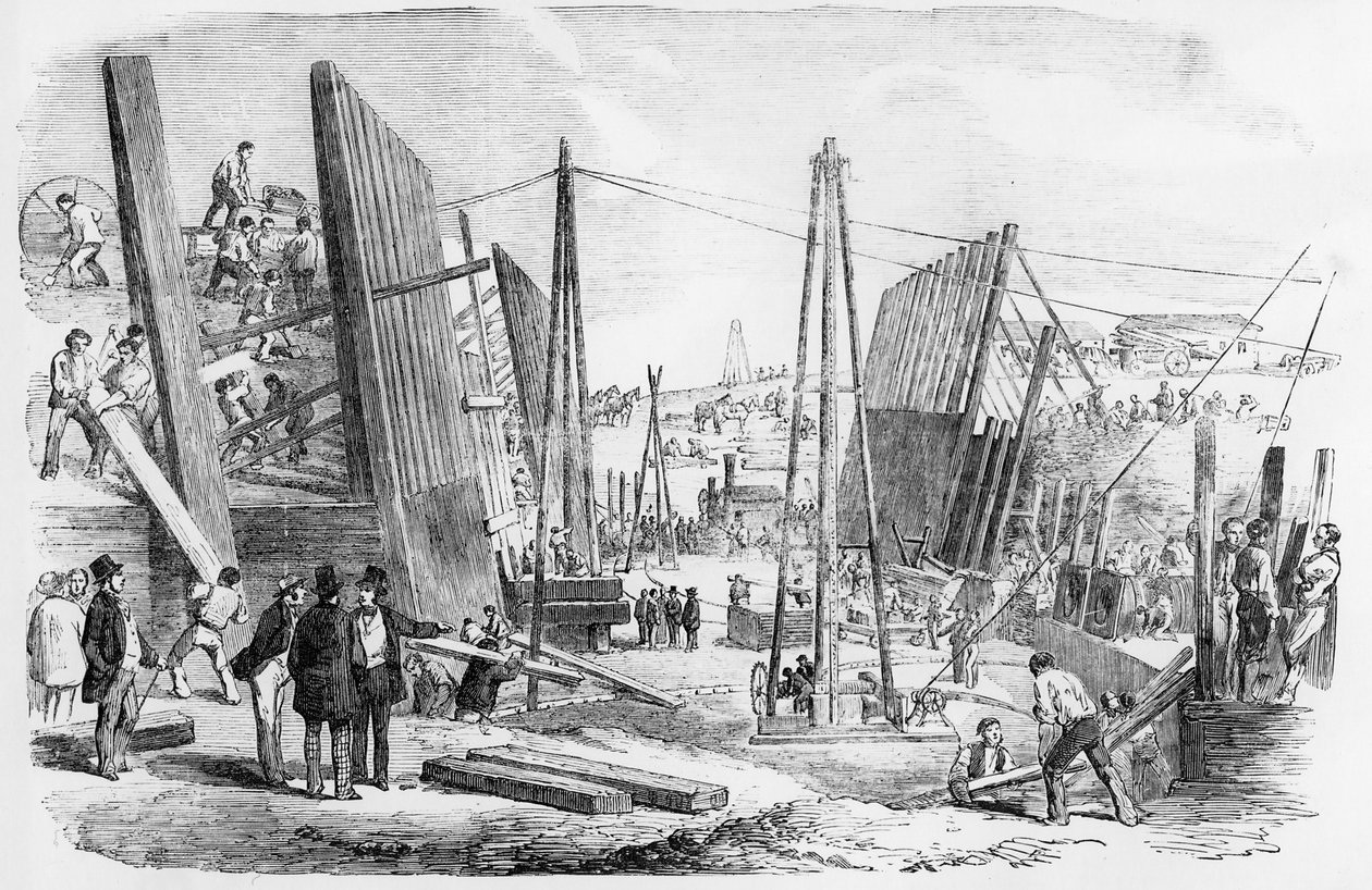 The New Victoria Dock Works, Plaistow Marches, publicado em &39;The Illustrated London News&39; 9 de setembro de 1854 de English School