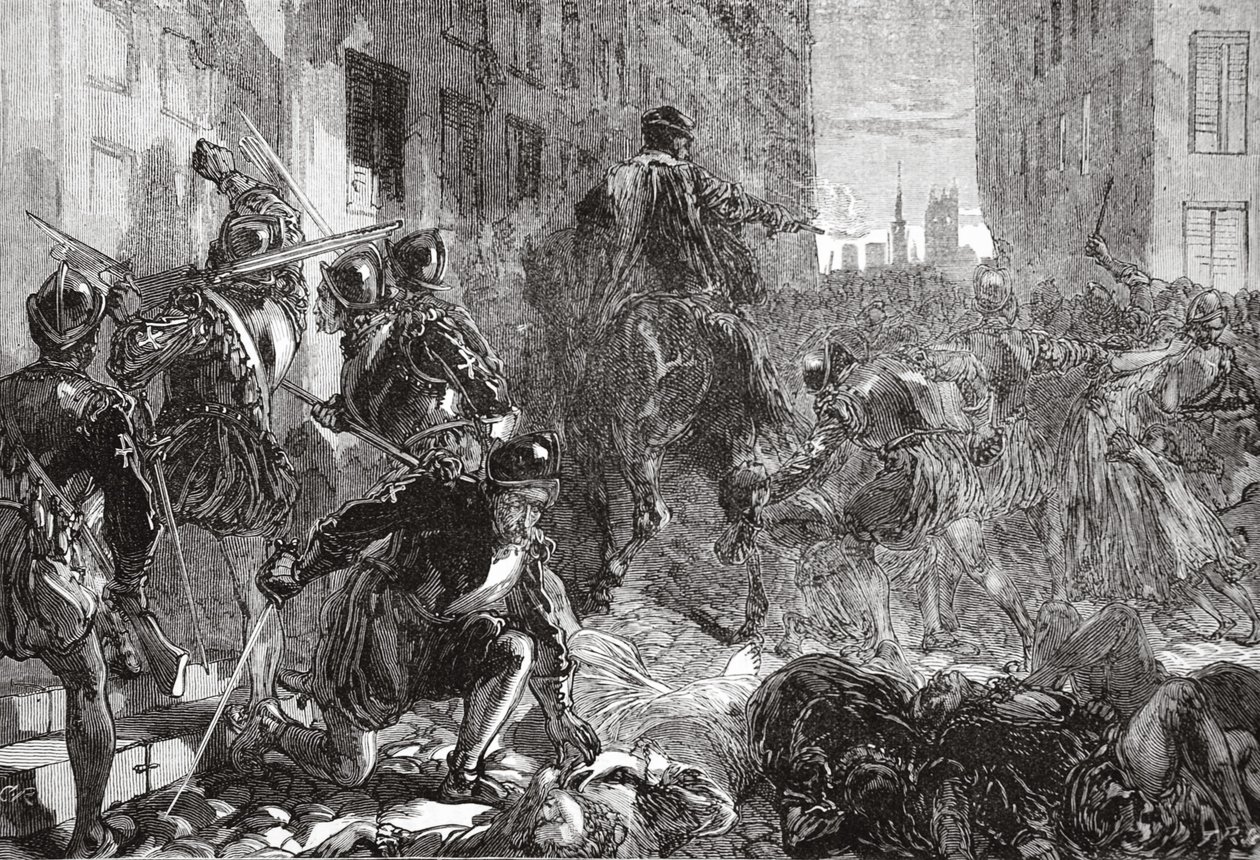 A noite do massacre de São Bartolomeu, ilustração da história do protestantismo por James Aitken Wylie (1808-1890), pub. 1878 de English School