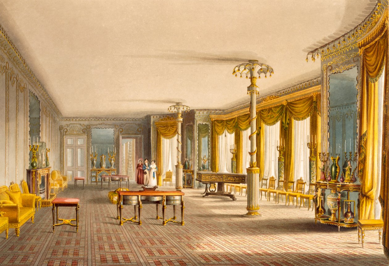 A sala de desenho norte ou Galeria de sala de música de vistas do Royal Pavilion, Brighton por John Nash (1752-1835) 1826 (aquatint) de English School