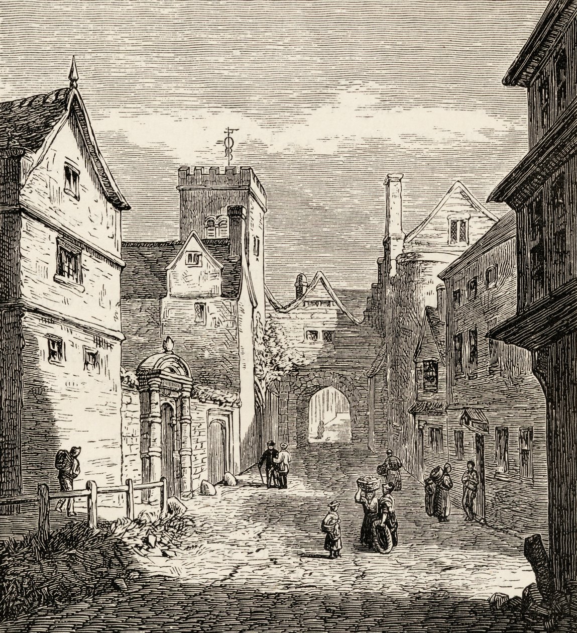 Portão Norte e Prisão de Bocardo, Oxford, c.1865 (gravura em madeira) de English School