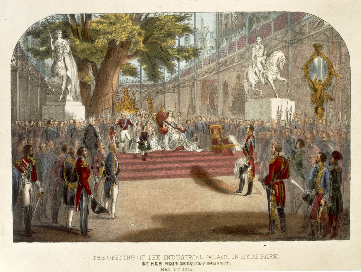A abertura pela rainha Victoria do palácio industrial em Hyde Park, 1º de maio de 1851, bar. por W. Ward (impressão) de English School