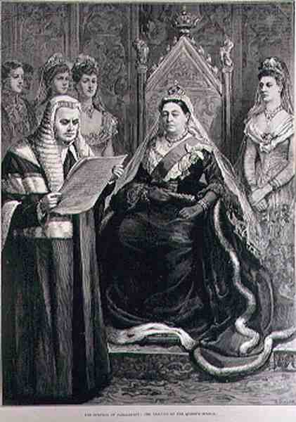A Abertura do Parlamento: A Leitura do Discurso do Queens, gravada por R. Taylor, de The Illustrated London News, 30 de janeiro de 1886 de English School