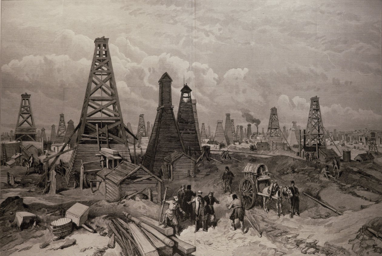 O Petroleum Oil Wells em Baku, no Mar Cáspio, de "The Illustrated London News", 19 de junho de 1886 de English School