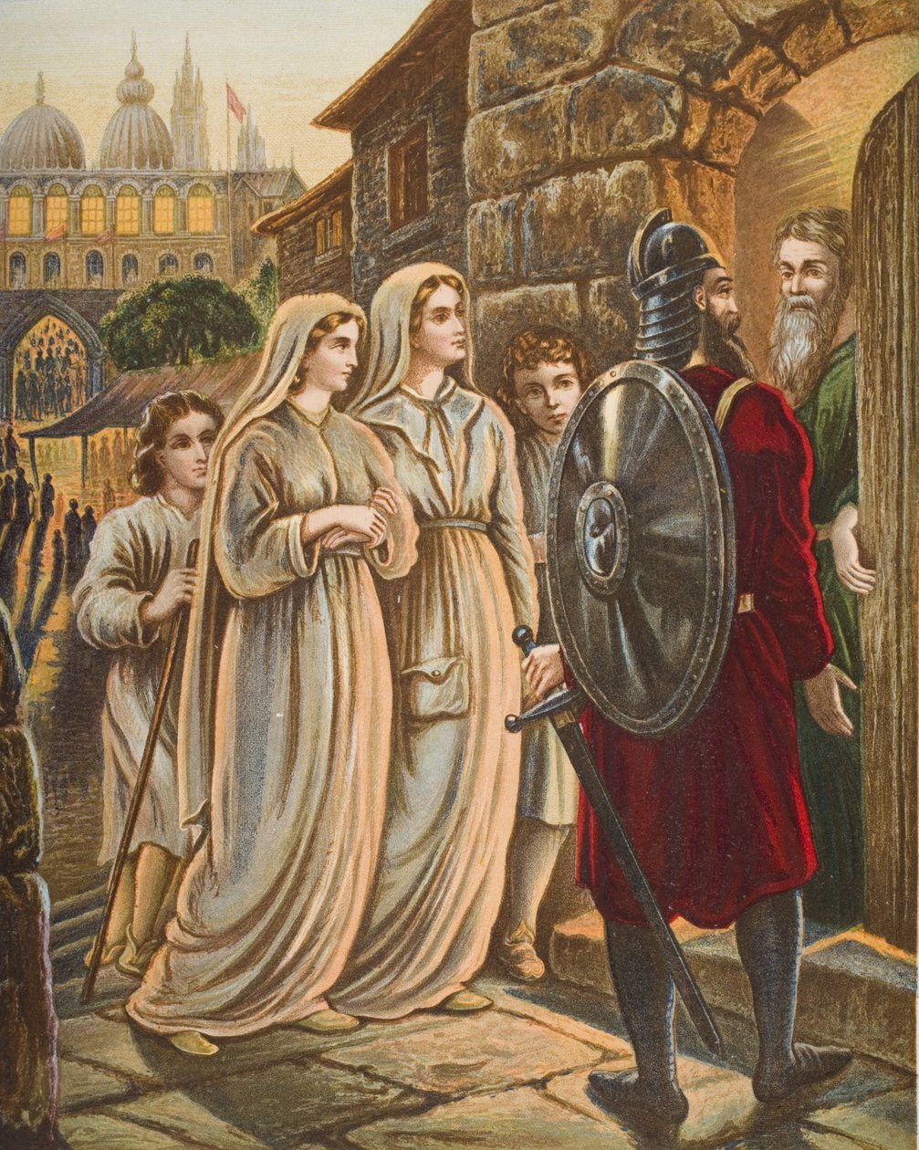Os peregrinos na casa de Manson, ilustração de "O progresso do peregrino" por John Bunyan (1628-88) de English School