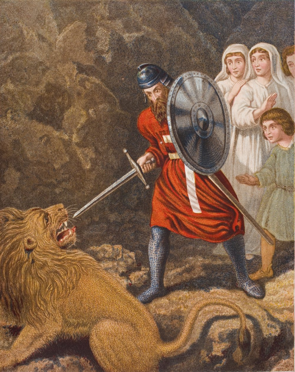 O encontro do peregrino com um leão, ilustração de "O progresso do peregrino", de John Bunyan (1628-88) de English School