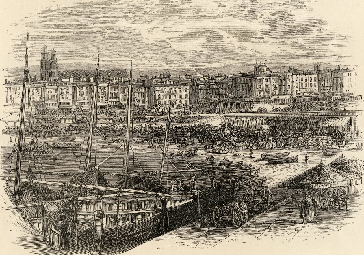 O Porto de Barcelona, Espanha, de &39;Imagens espanholas&39; pelo reverendo Samuel Manning, publicado em 1870 de English School