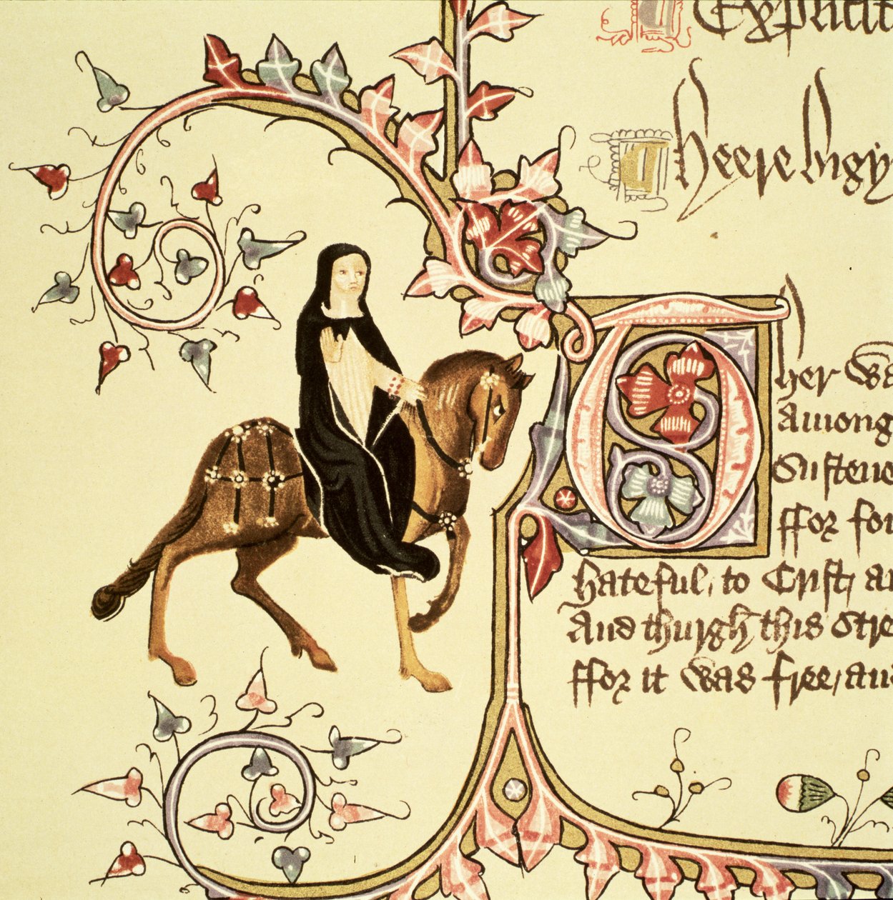 The Prioress, detalhe de The Canterbury Tales, por Geoffrey Chaucer (c.1342-1400) Ellesmere Manuscrito, edição de fac-símile, 1911 (para detalhes originais ver 128945) de English School