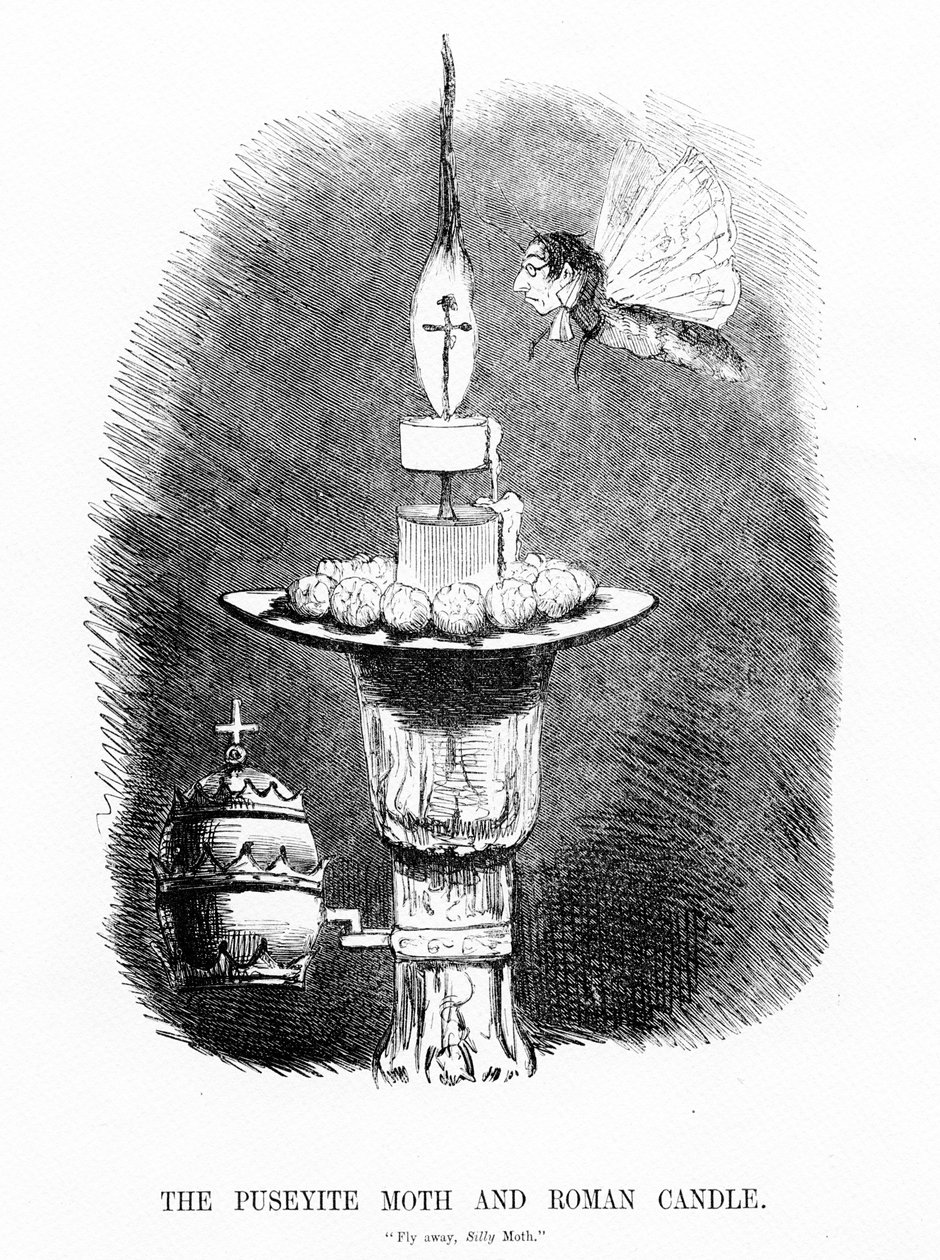 A traça de Puseyite e a vela romana, ilustração de &39;Punch&39;, 1850 de English School