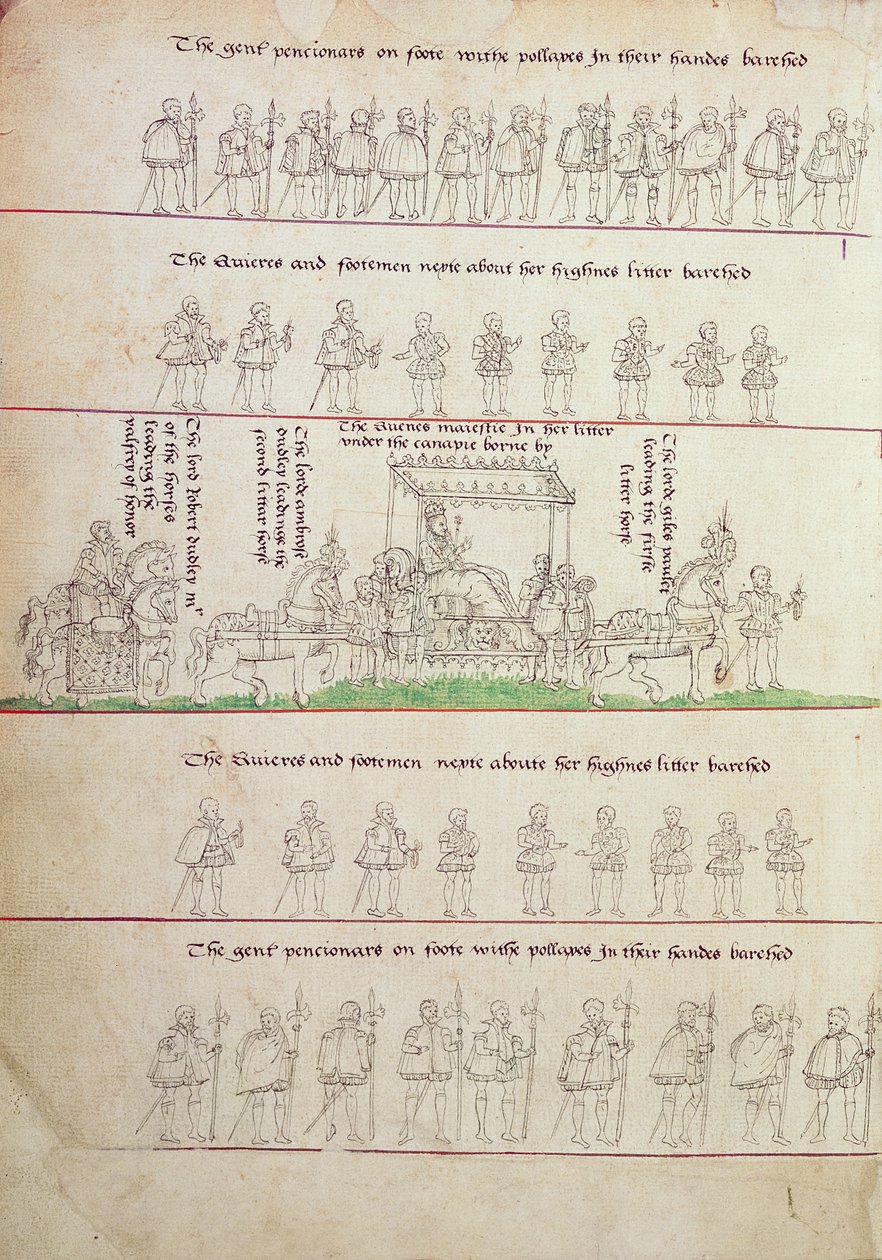 A Rainha em sua ninhada, de &39;The Progresses of Queen Elizabeth 1&39; (tinta no papel) de English School