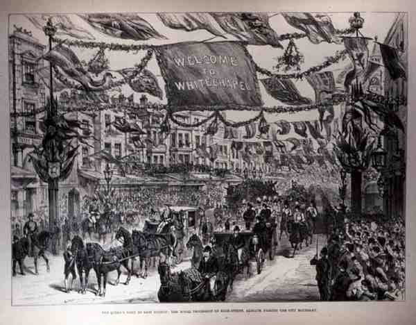 A visita das rainhas a Londres do Leste: a procissão real na rua principal, Aldgate, passando o limite da cidade, da notícia ilustrada de Londres, 21 de maio de 1887 de English School