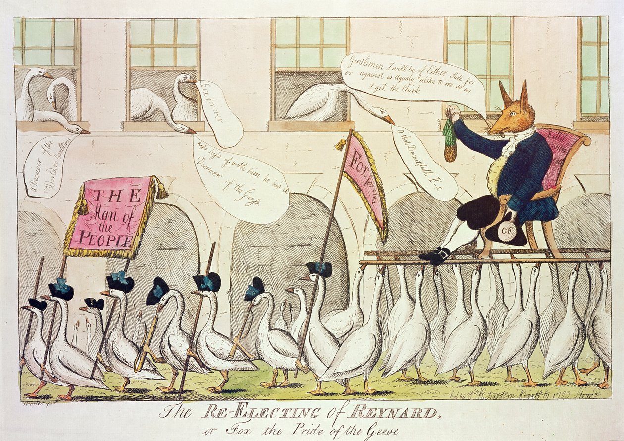 A reeleição de Reynard, ou Fox o orgulho dos gansos, 1783 (gravura colorida à mão) de English School