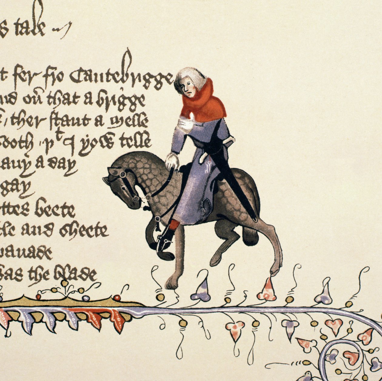 The Reeve, detalhe de The Canterbury Tales, por Geoffrey Chaucer (c.1342-1400) Ellesmere Manuscrito, edição de fac-símile, 1911 (para detalhes originais ver 128932) de English School