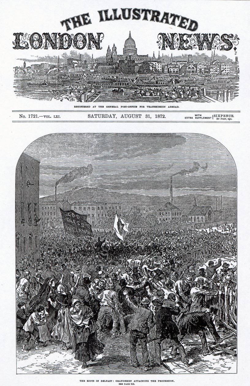 Os motins em Belfast: Orangemen atacando a procissão, capa de &39;The Illustrated London News&39;, 31 de agosto de 1872 de English School