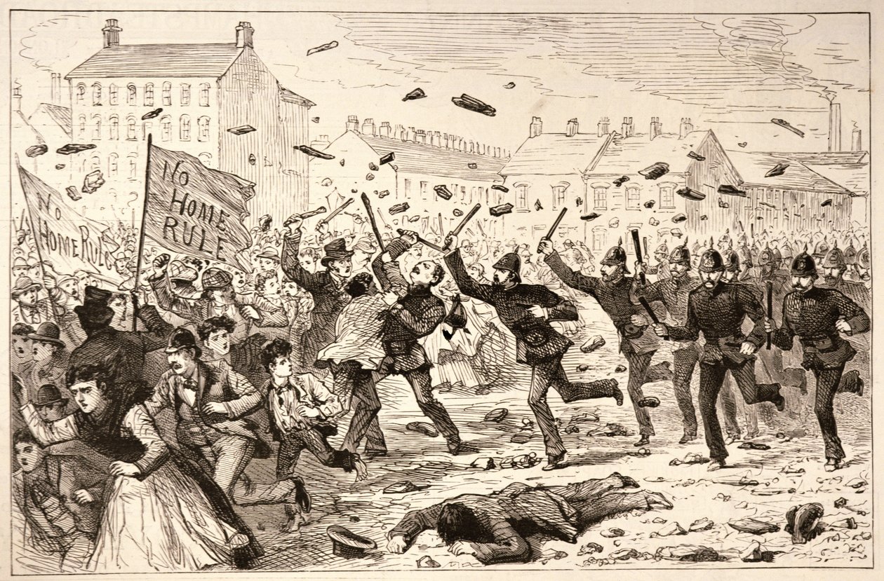 Os motins em Belfast: A polícia que carrega a multidão nos campos de Brickfields, de “a notícia ilustrada de Londres”, 19 de junho de 1886 de English School