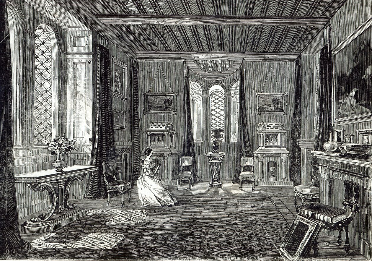 A sala de estar escarlate, Lansdown Tower, de "The Illustrated London News", 29 de novembro de 1845 de English School