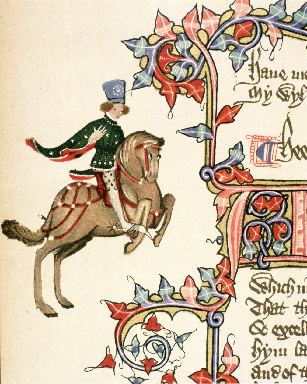 The Squire, detalhe de The Canterbury Tales, por Geoffrey Chaucer (c.1342-1400) Ellesmere Manuscrito, edição fac-símile, 1911 (para detalhes originais ver 128934) de English School