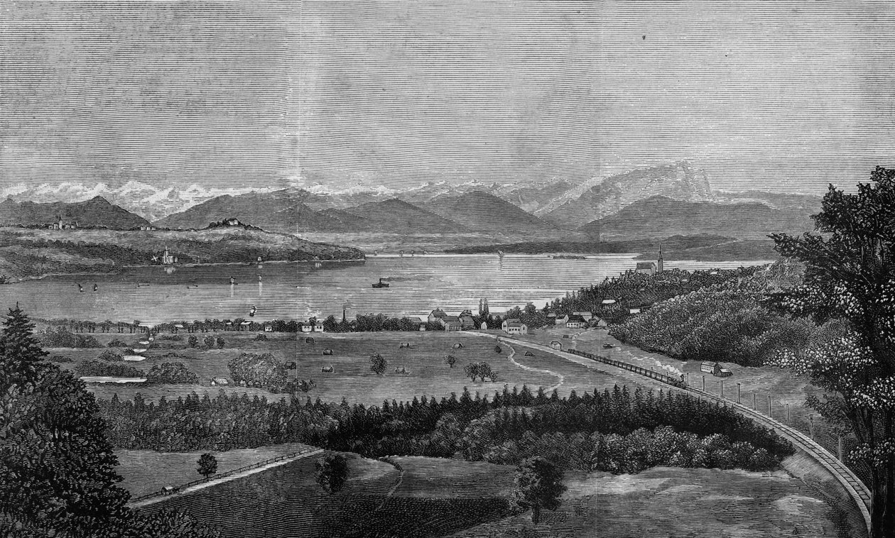 O lago Starnberg, perto de Munique, onde o falecido rei da Baviera se afogou, de "The Illustrated London News", 26 de junho de 1886 de English School