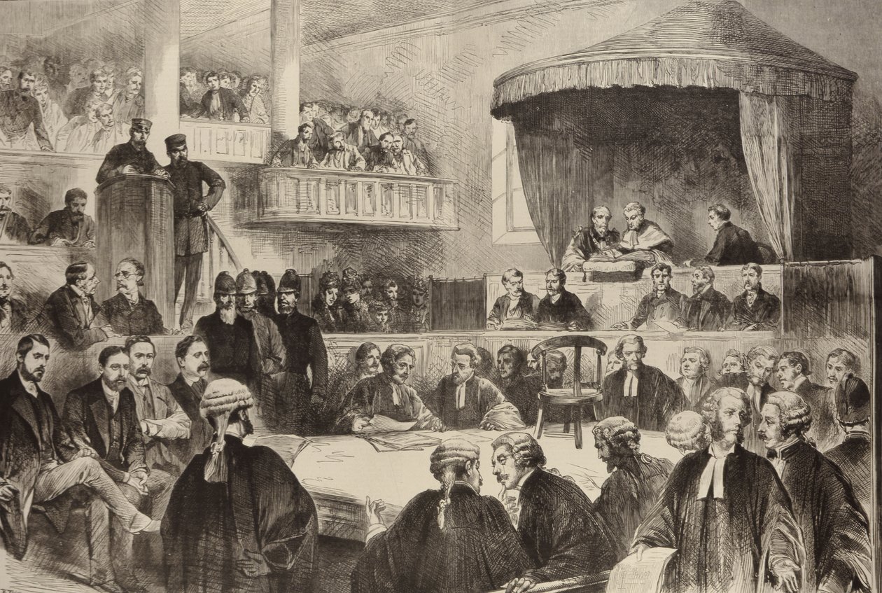 Os Processos Públicos do Estado na Irlanda: A cena em Green Street Court House, Dublin, de The Illustrated London News, 26 de fevereiro de 1887 de English School