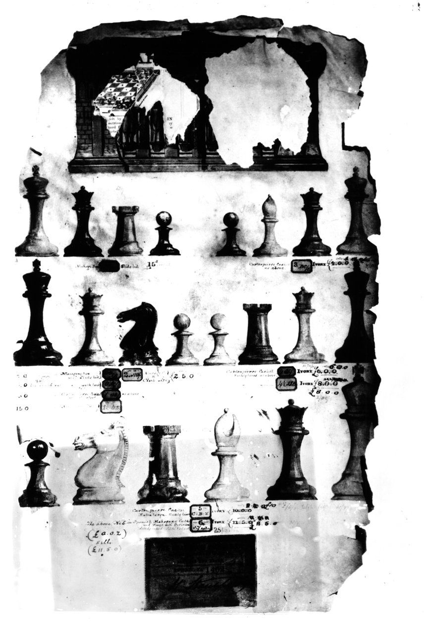 O desenho da patente de Staunton Chessmen (caneta e wc no papel) de English School