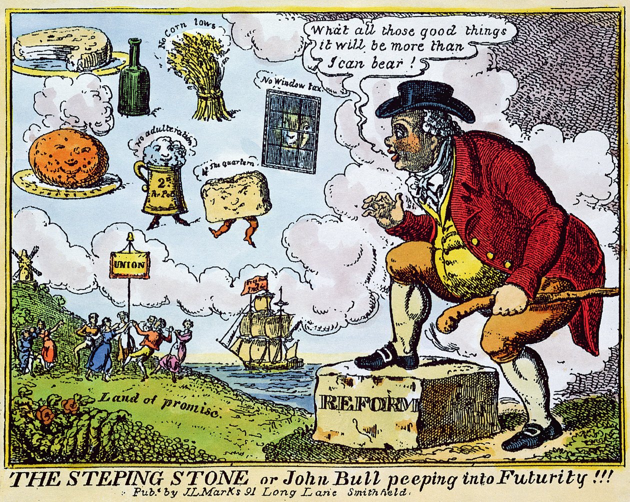 The Stepping Stone, ou John Bull espiando em Futurity !!! (gravura a cores) de English School