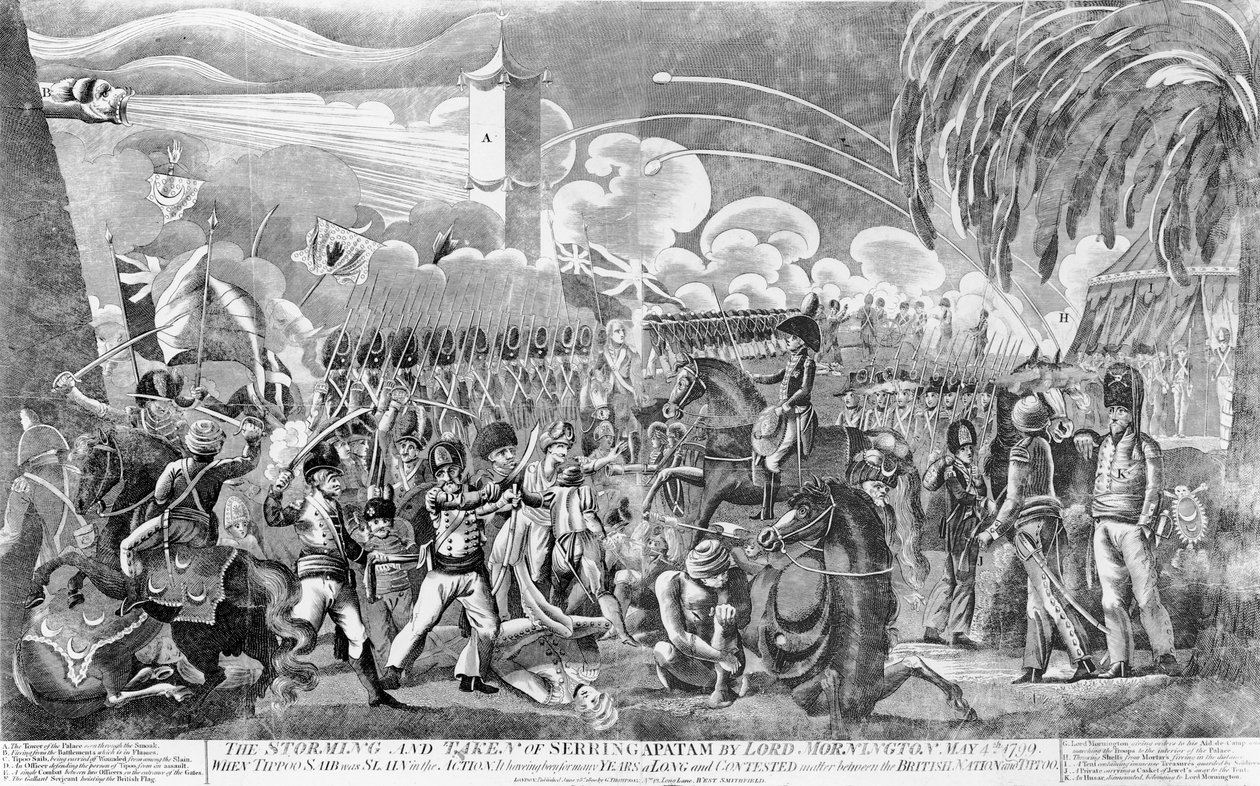 O assalto e captura de Seringapatam por Lord Mornington, 4 de maio de 1799, pub. de G. Thompson, 1800 de English School