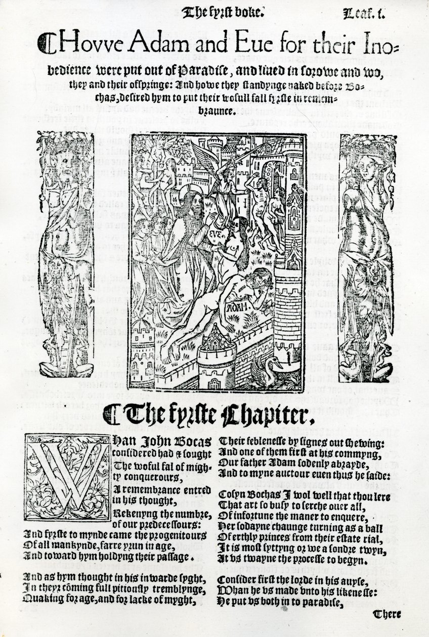 A história de Adão e Eva do Boccaccio de Os casos em homens lllustrium, edição Inglês publicado em 1527 de English School