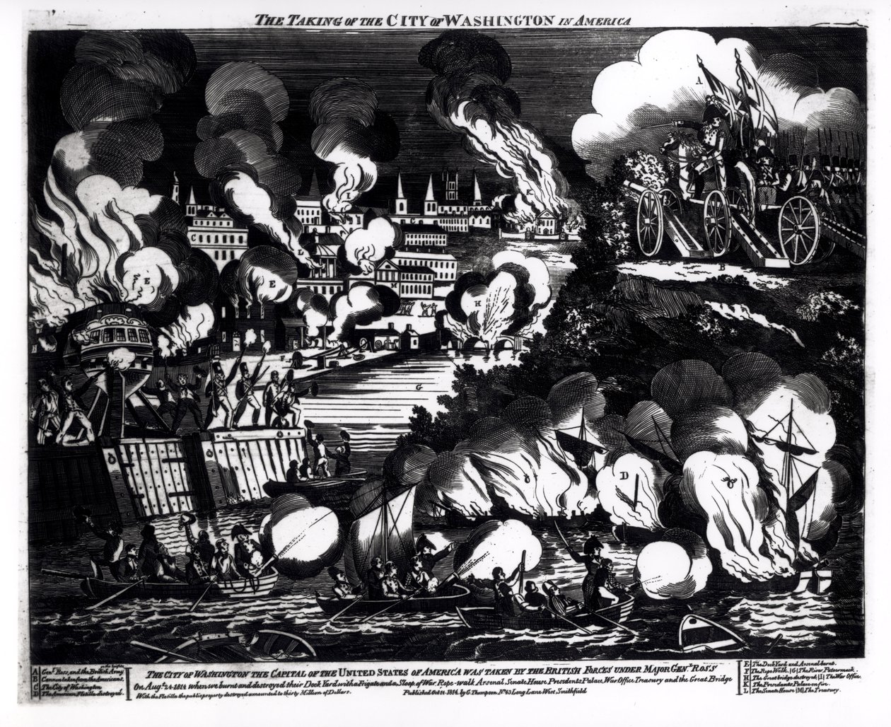A tomada da cidade de Washington na América, 24 de agosto de 1814, pub. por G. Thompson, 1814 de English School