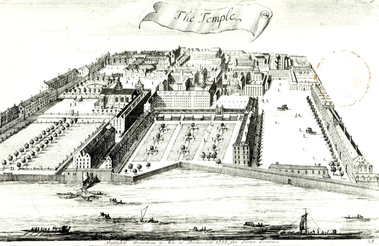 O templo, ilustração de "Uma pesquisa sobre as cidades de Londres e Westminster", de John Stow, publicado em 1755 de English School