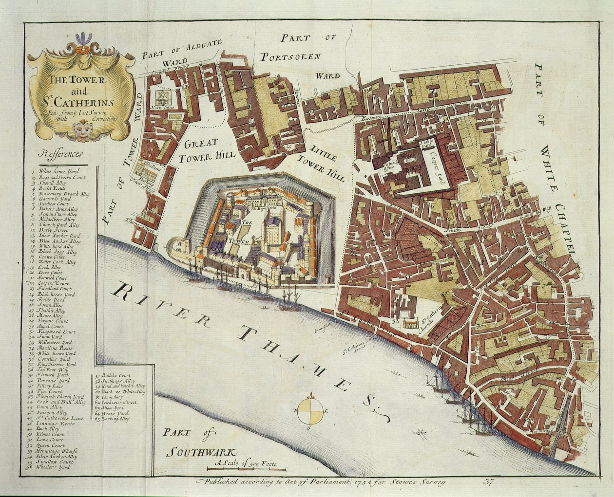 A Torre e St. Catherines, para Stows Survey of London, pub. 1754 (veja 94440 para detalhes) de English School