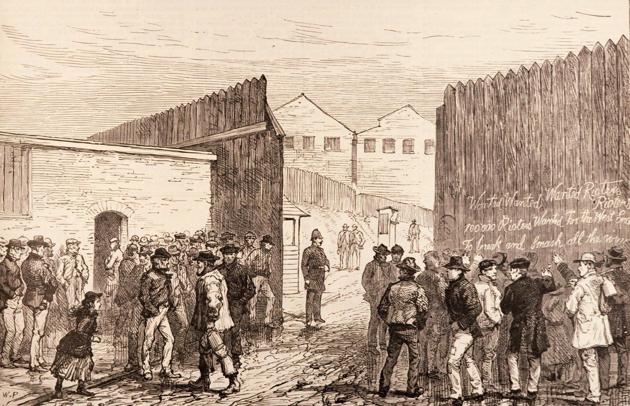 O Desempregado de Londres: Inscrição nos Portões, West India Docks, de "The Illustrated London News", 20 de fevereiro de 1886 de English School