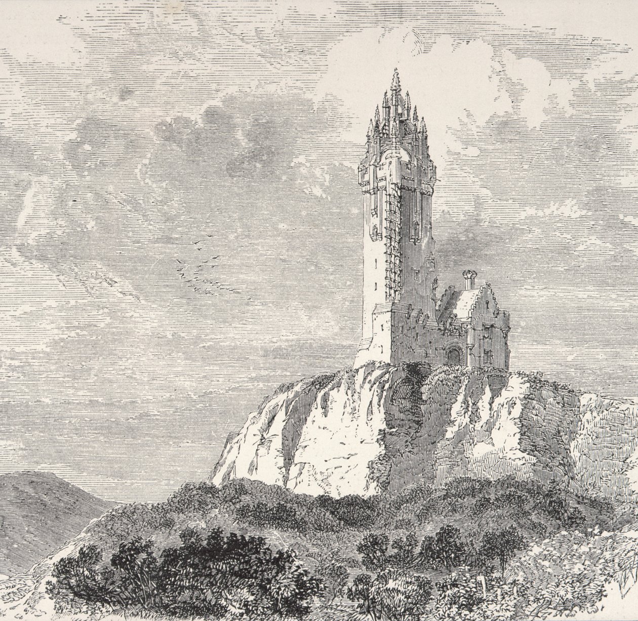 O Monumento Wallace, Stirling, em 1880, da Scottish Pictures, publicado pela Sociedade de Tratados Religiosos, 1886 de English School