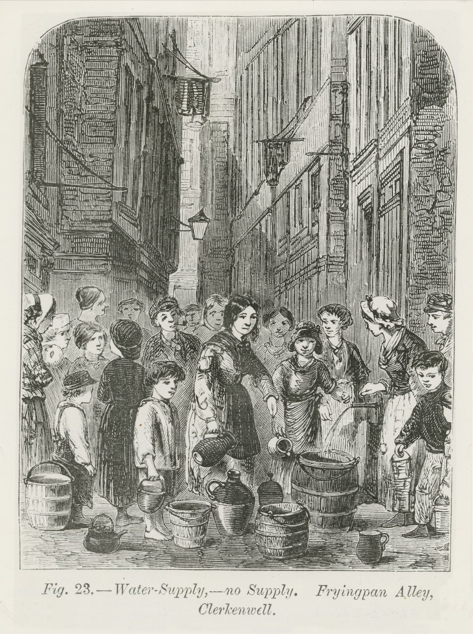 O suprimento de água em Fryingpan Alley, Clerkenwell, 1864 de English School
