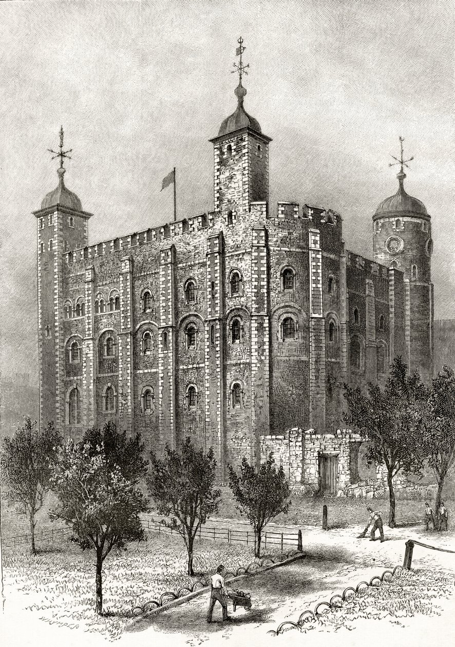 A Torre Branca, torre central na Torre de Londres, de &39;London Pictures: desenhada com caneta e lápis&39;, pelo Rev. Richard Lovett, publicado em 1890 de English School