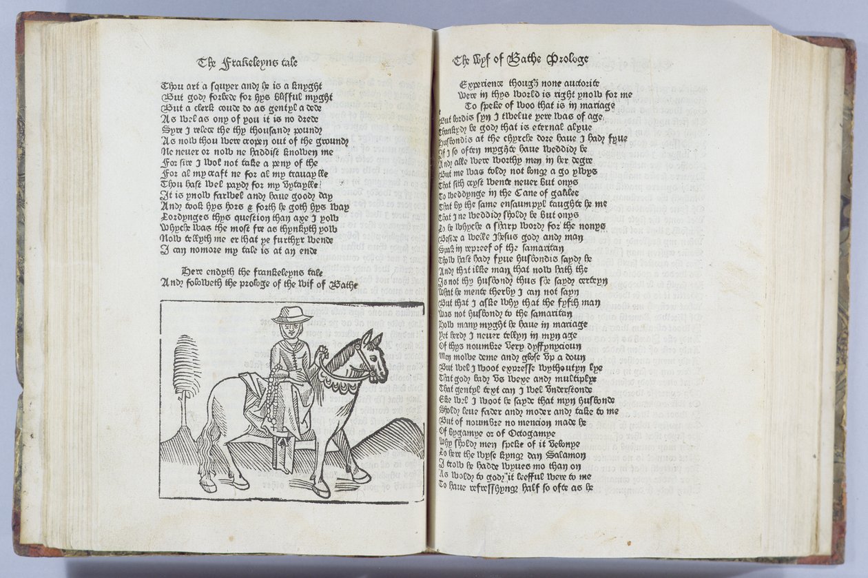 A esposa de Bath, ilustração de "Canterbury Tales" de Geoffrey Chaucer, impressa por William Caxton (c.1422-91) de English School