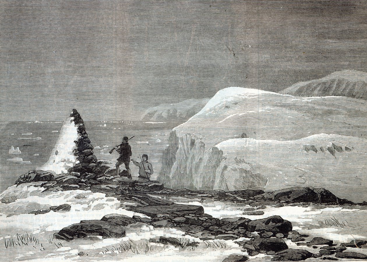O cruzeiro de Pandora: Cairn erguido pelo Capitão Nares em Cape Isabella, de "The Illustrated London News", 1876 de English School