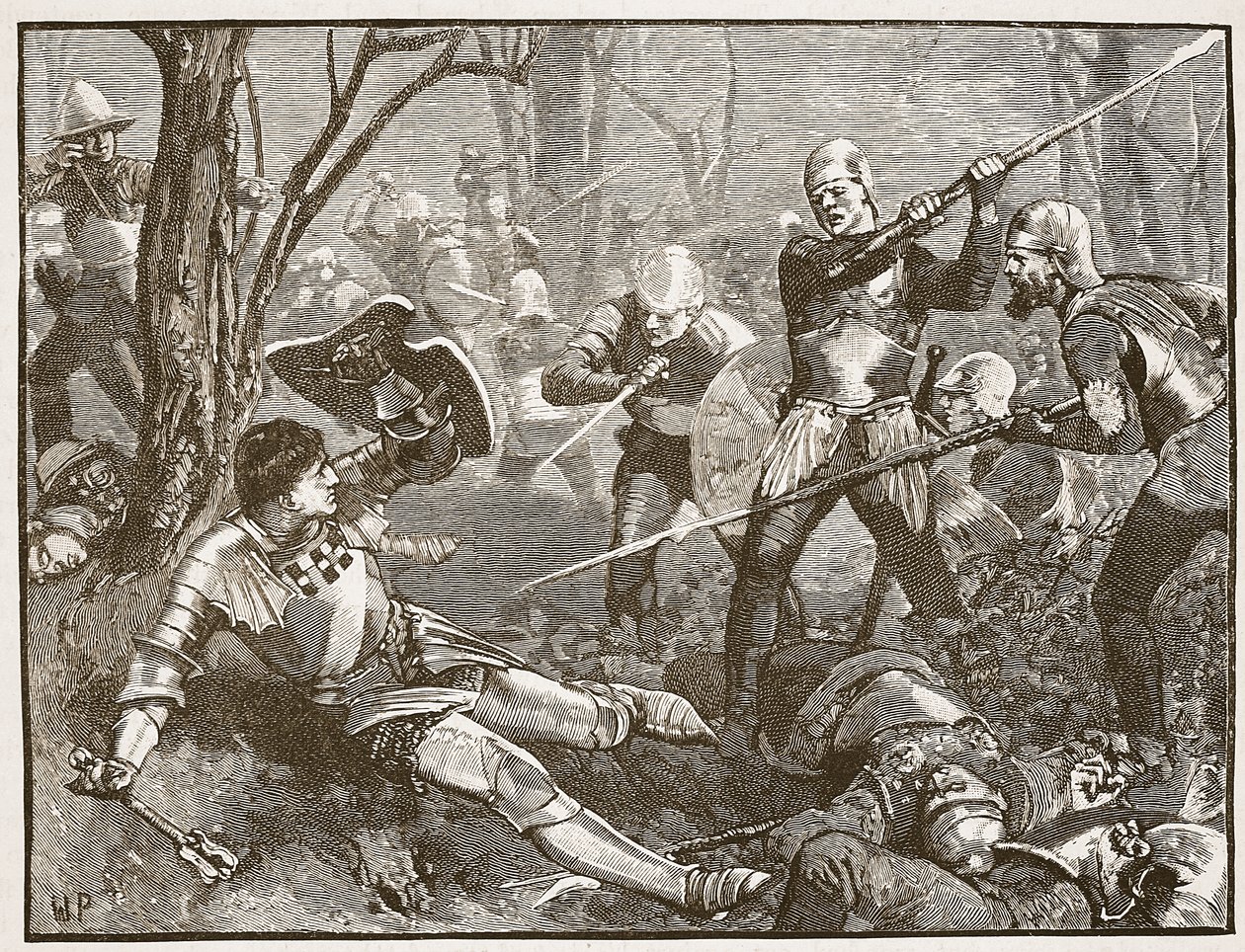 A morte do Rei Criador na Batalha de Barnet, c.1880, ilustração da História Ilustrada de Cassells da Inglaterra (foto sépia) de English School