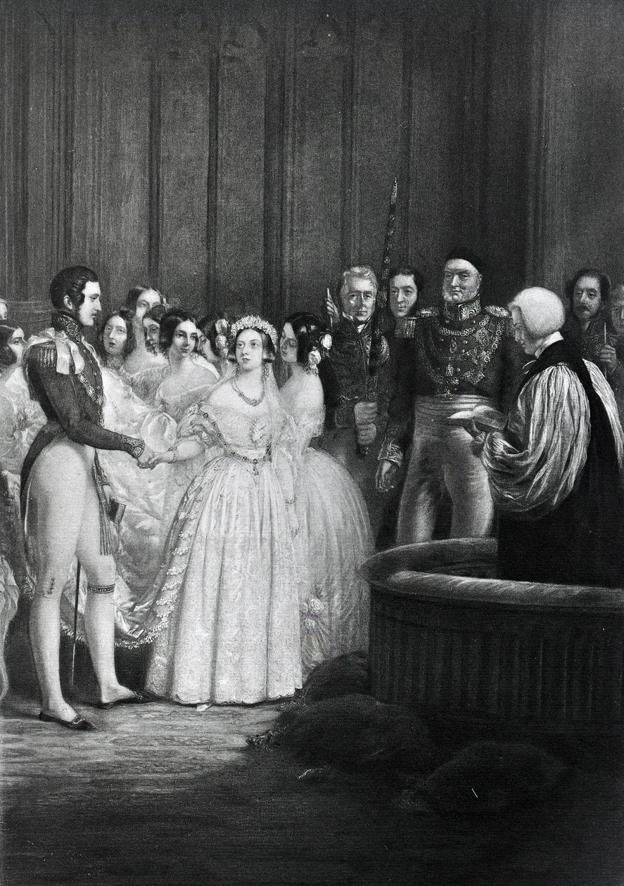 A cerimônia de casamento da Rainha Vitória e do Príncipe Albert em 10 de fevereiro de 1840 de English School