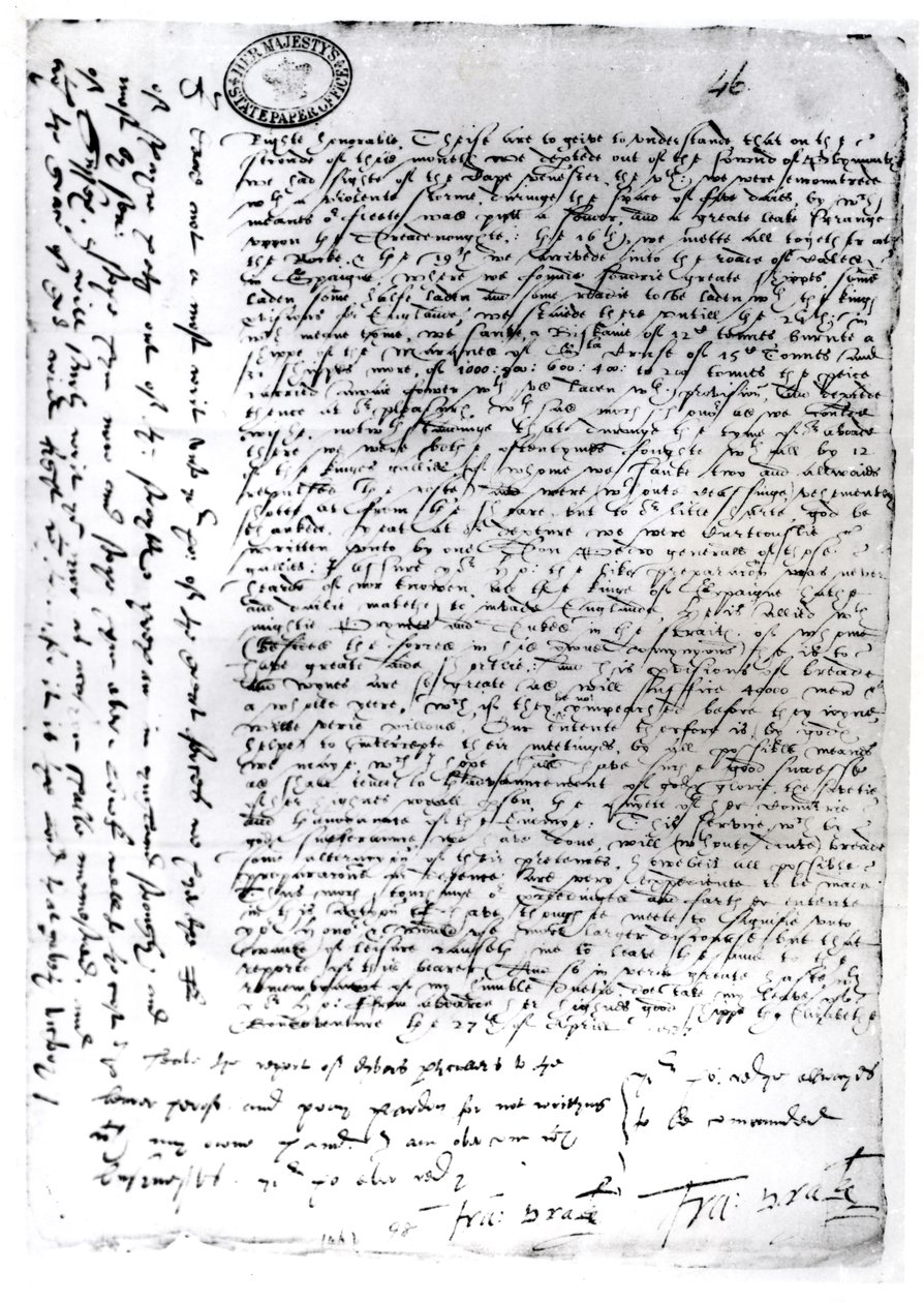 Os despachos escritos de Sir Francis Drake (c.1540-96) de Cádis, 1587 (caneta e tinta sobre papel) de English School