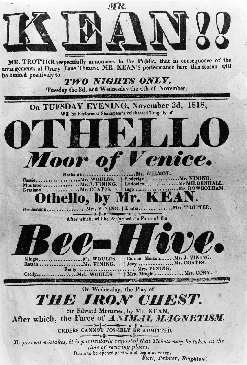 Desempenho de publicidade do Bill de Teatro do Sr. Kean, 1818 (papel impresso) de English School