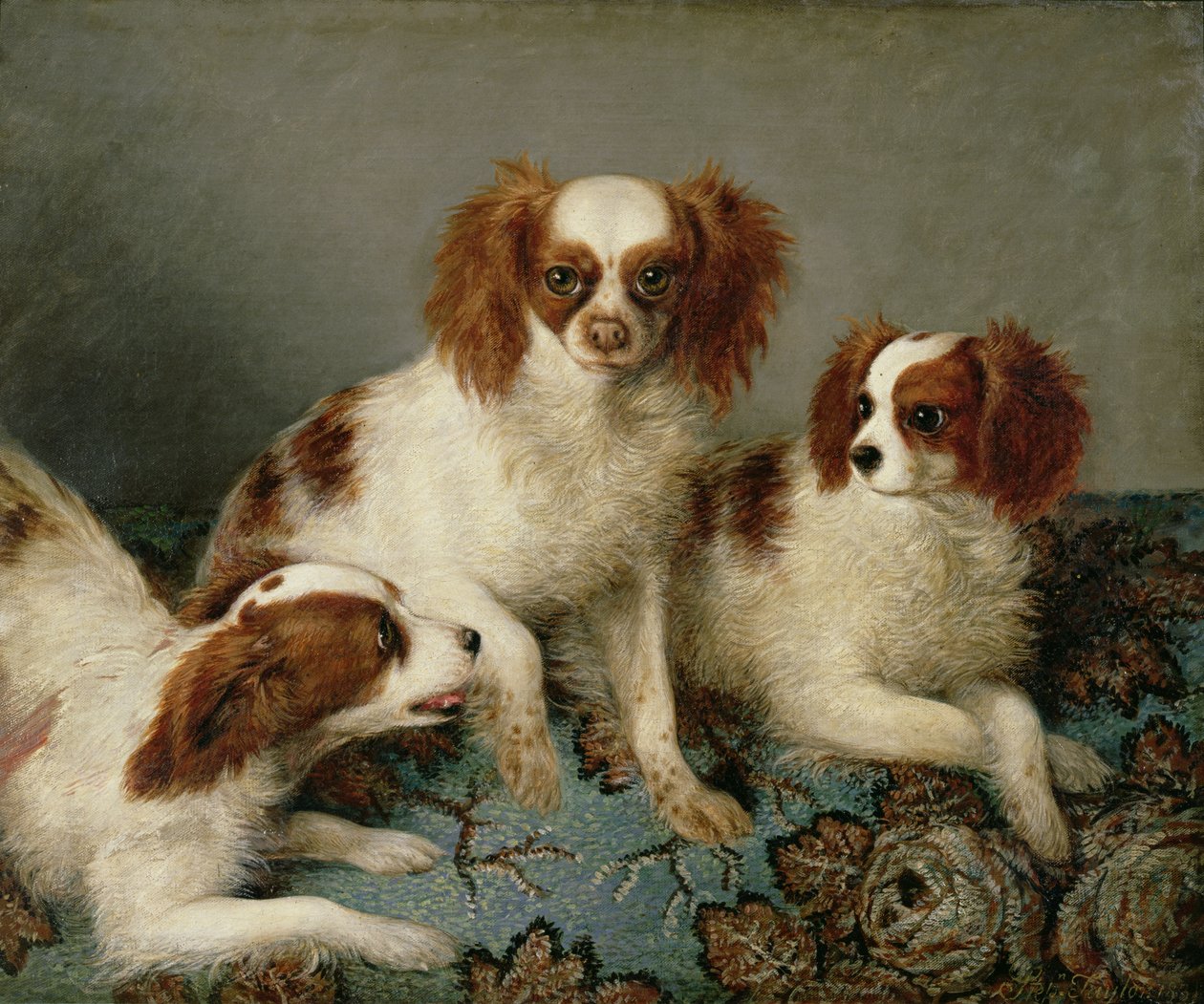 Três Cavalier King Charles Spaniels em um tapete de English School
