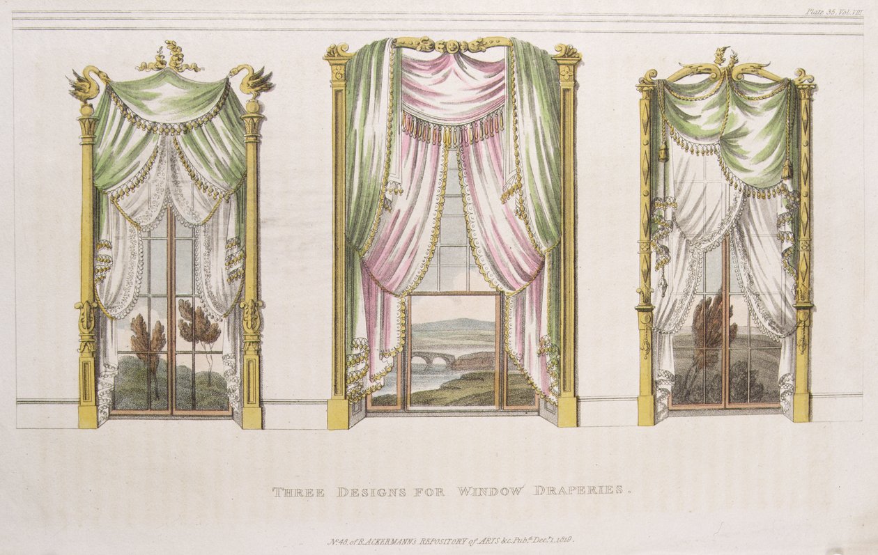 Três desenhos para cortinas de janela, placa 107 do Ackermanns Repository of Arts, publicado em 1819 de English School