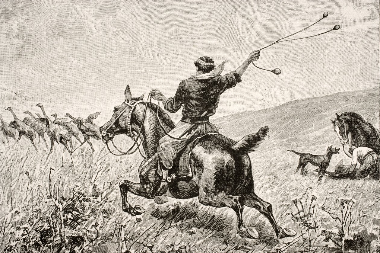 Throwing the Bolas, de &39;Journal of Researches&39;, de Charles Darwin (1809-92), publicado por Nelson und Sons, 1890 de English School
