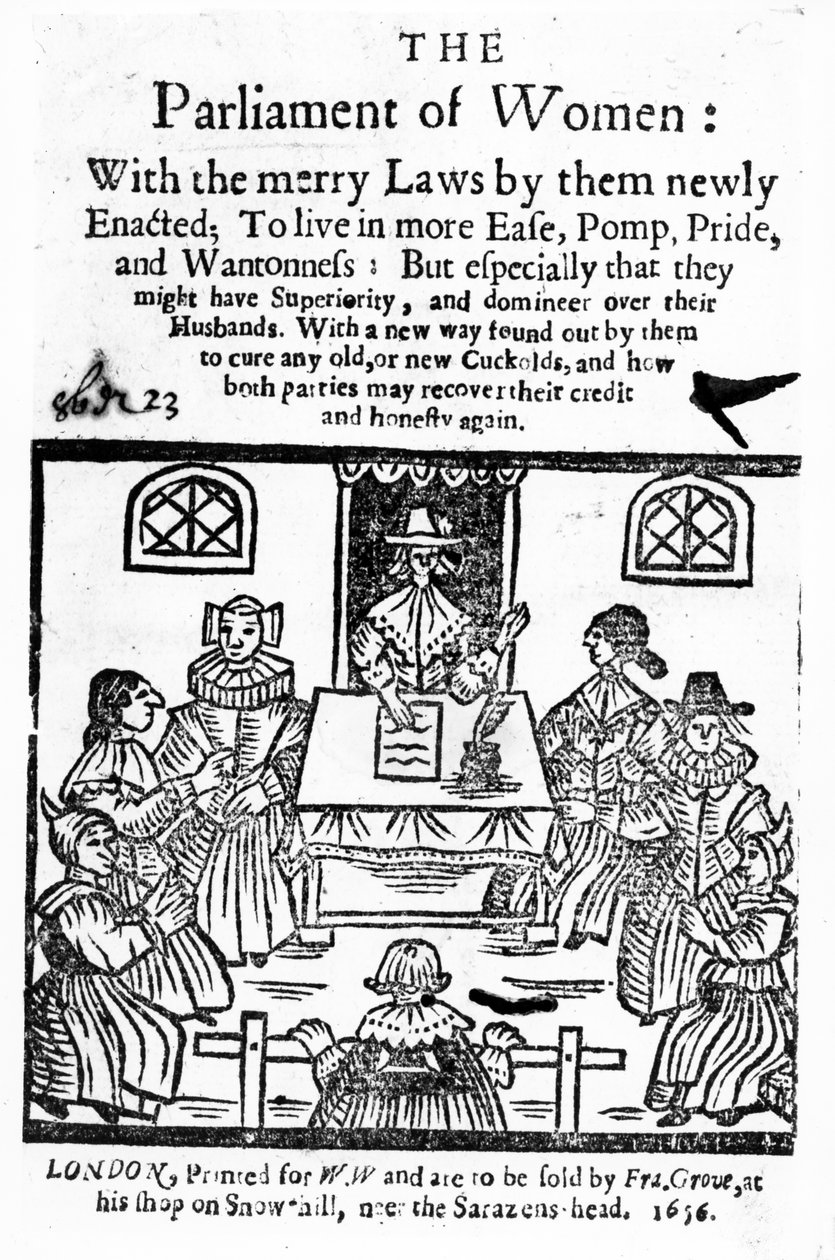 Página de rosto de &39;The Parliament of Women&39;, 1656 (xilogravura e tipografia) de English School
