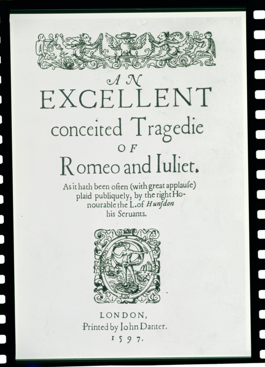 Página de título de &39;Romeu e Julieta&39; por William Shakespeare (1564-1616) 1597 de English School