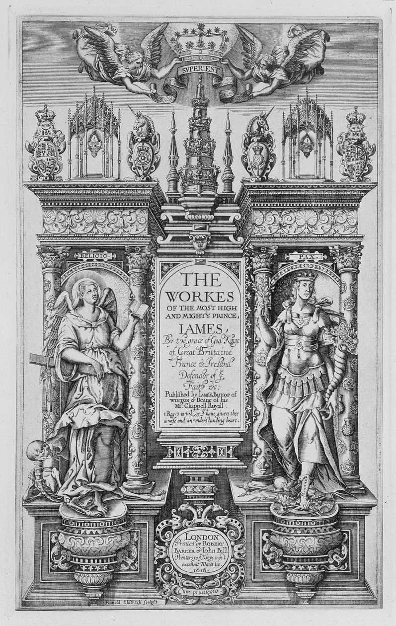 Página de rosto das obras de James I, gravada por Renold Elstrack (1571-c.1630) 1616 de English School